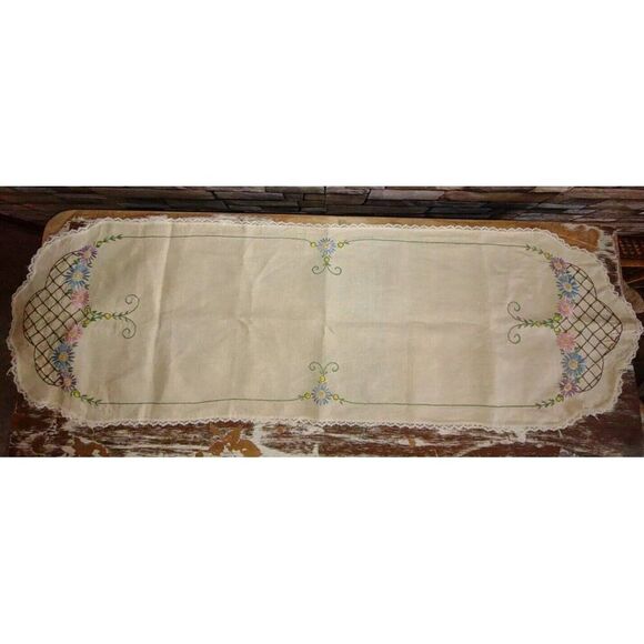 5/$25 13.5X44" Vintage Embroidered Linen Table Runner Dresser Scarf Flowers - Picture 7 of 8